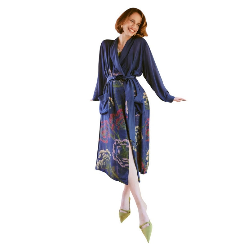 One Hundred Stars Dressing Gown Parsley Seed Navy on model closed front