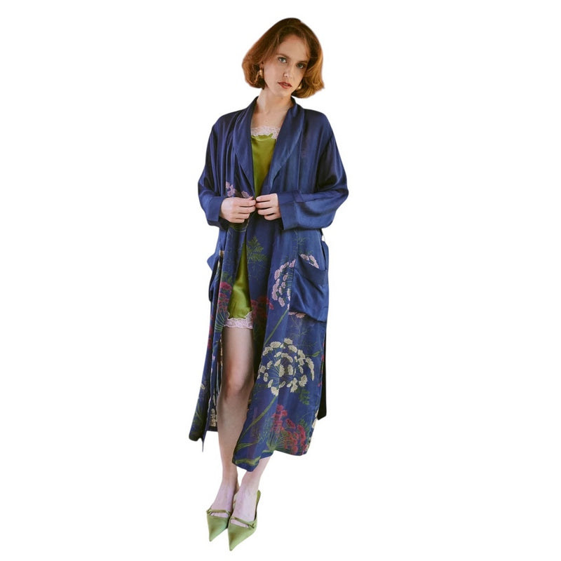 One Hundred Stars Dressing Gown Parsley Seed Navy on model open front