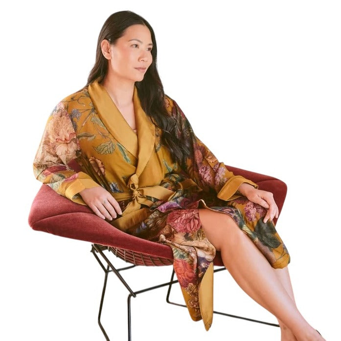 One Hundred Stars Dressing Gown Primula Gold on model sitting