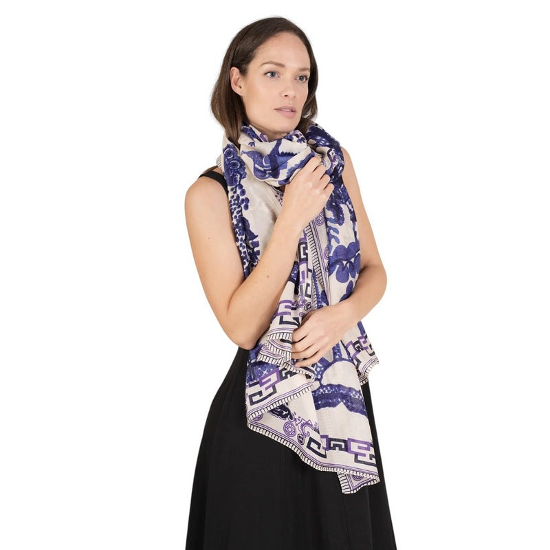 One Hundred Stars Giant Willow Blue Scarf on model front
