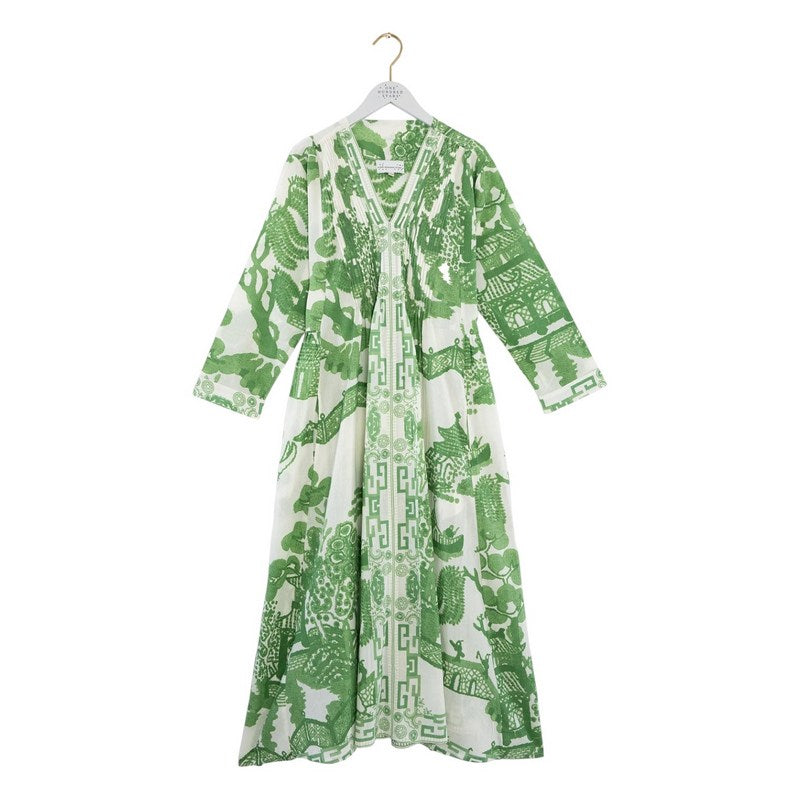One Hundred Stars Giant Willow Green Pinch Pleat Dress on hanger