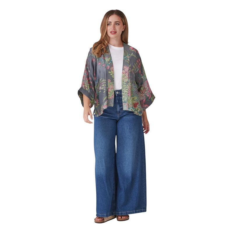 One Hundred Stars Kimono Boho Garden Grey on model front