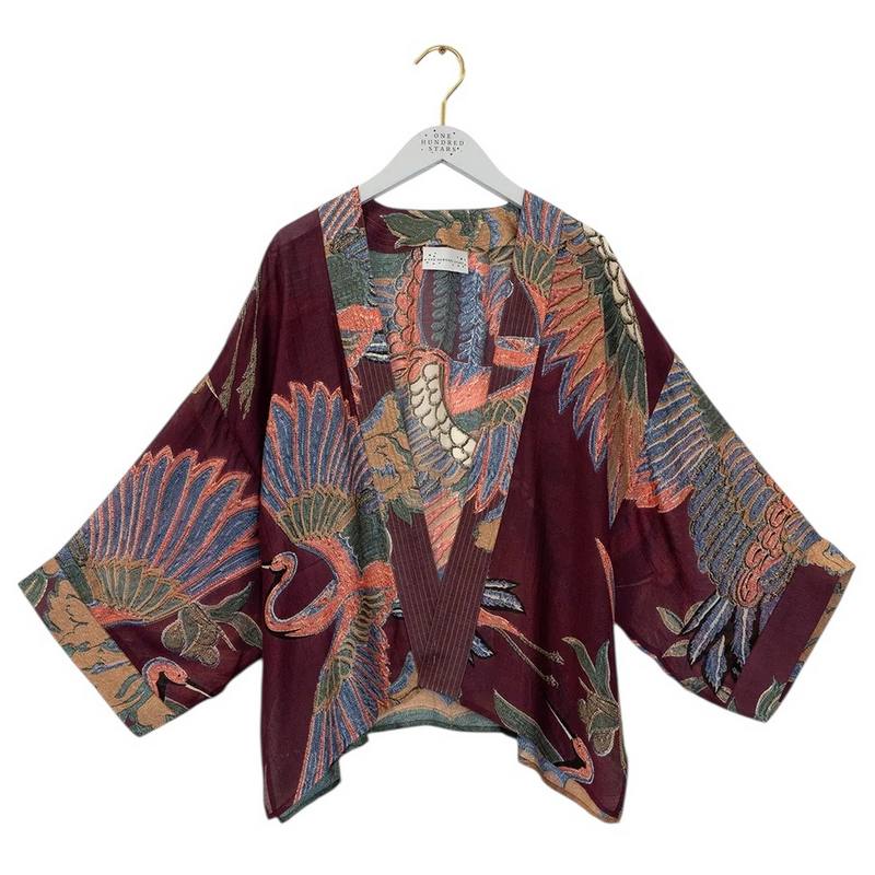 One Hundred Stars Kimono Crane Plum on hanger