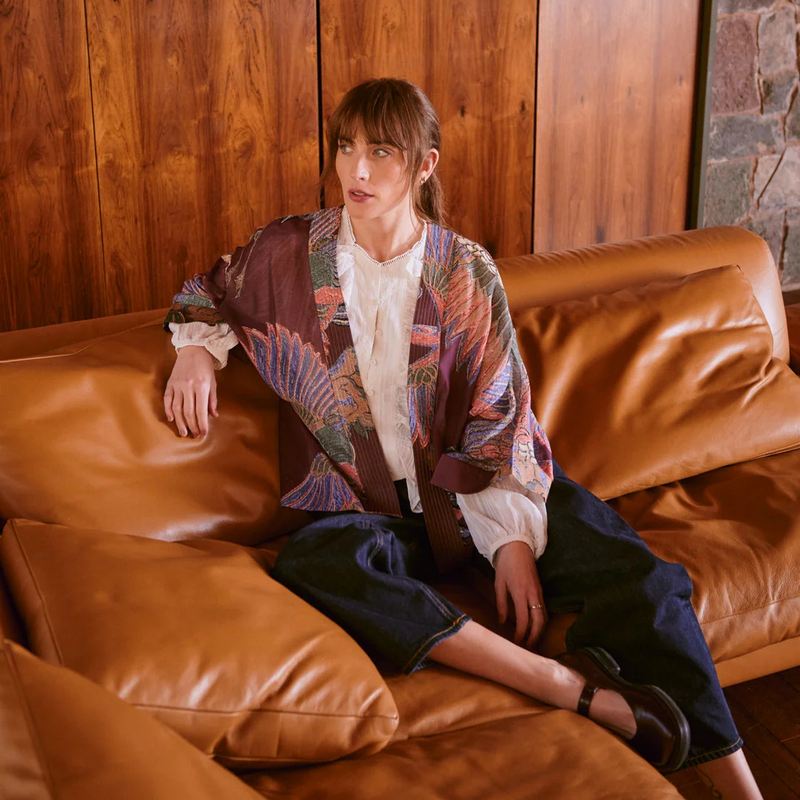 One Hundred Stars Kimono Crane Plum on model lifestyle