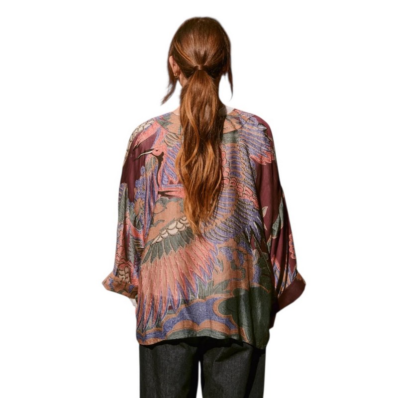 One Hundred Stars Kimono Crane Plum on model rear