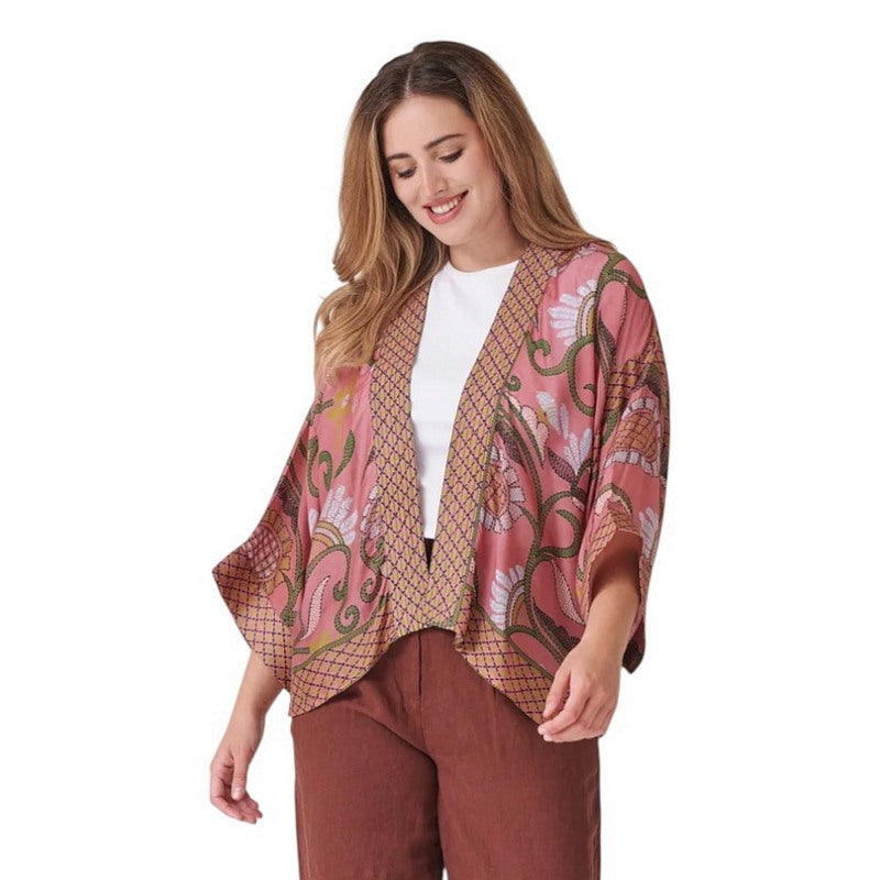 One Hundred Stars Kimono Giant Kantha Dusk on model close-up