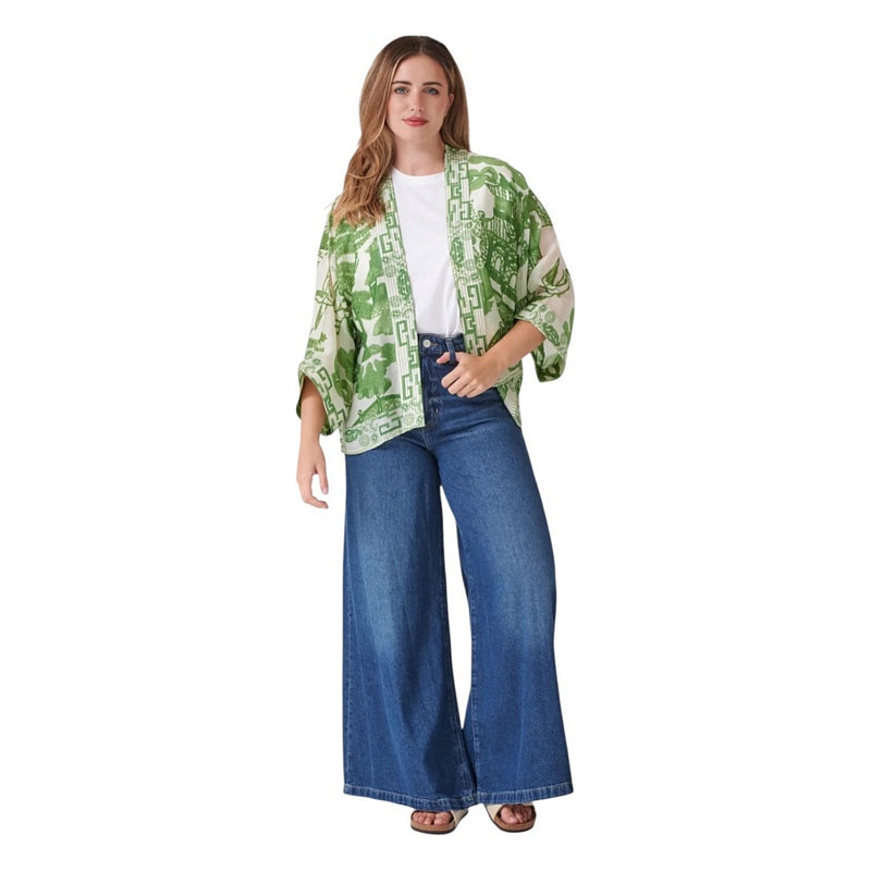 One Hundred Stars Kimono Giant Willow Green on model 1 front