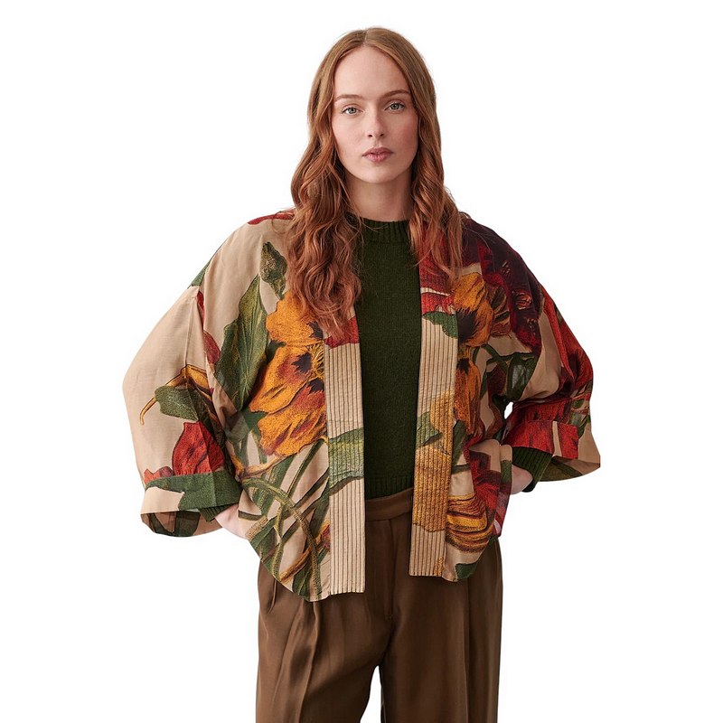 One Hundred Stars Kimono Nasturtium Fawn on model front