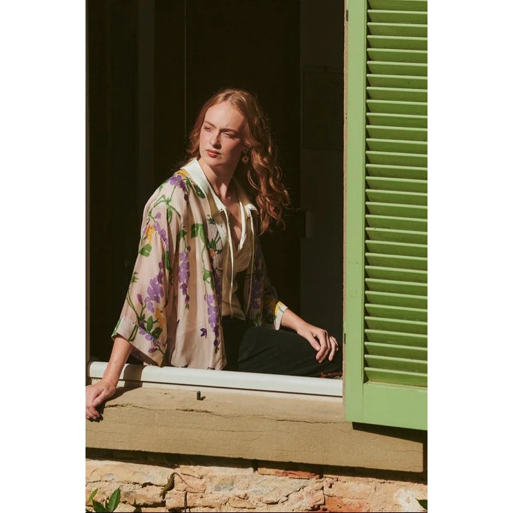 One Hundred Stars Kimono Wisteria Lilac on model lifestyle 1