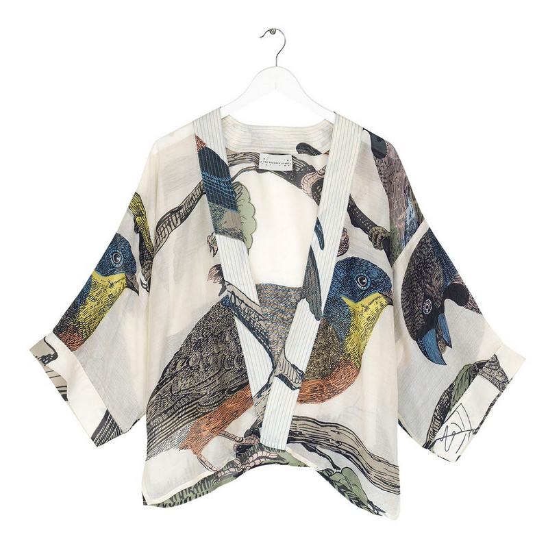 One Hundred Stars Kimono in Natural With Bird Print KIMBIRNAT front