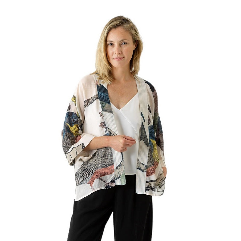 One Hundred Stars Kimono in Natural With Bird Print KIMBIRNAT on model front