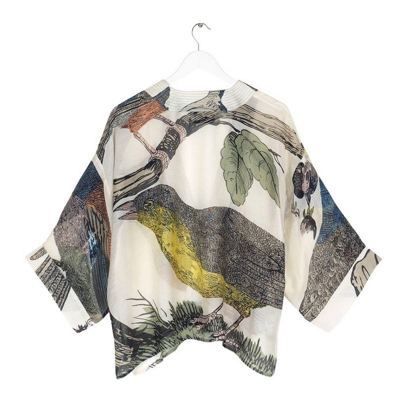 One Hundred Stars Kimono in Natural With Bird Print KIMBIRNAT back