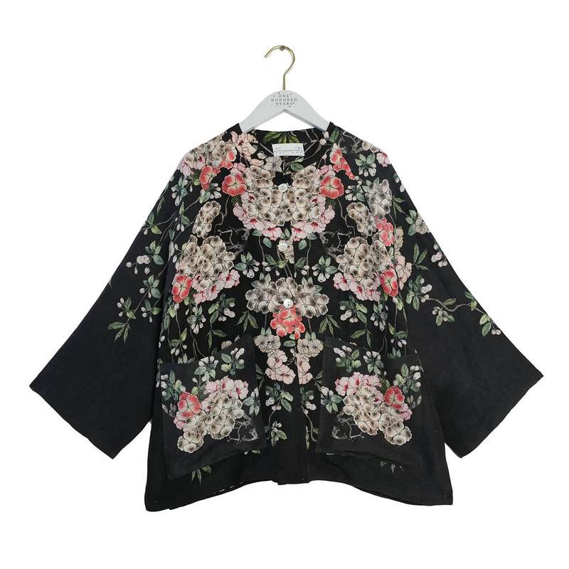 One Hundred Stars Linen Jacket Trailing Blossom Black LINTRABLK front