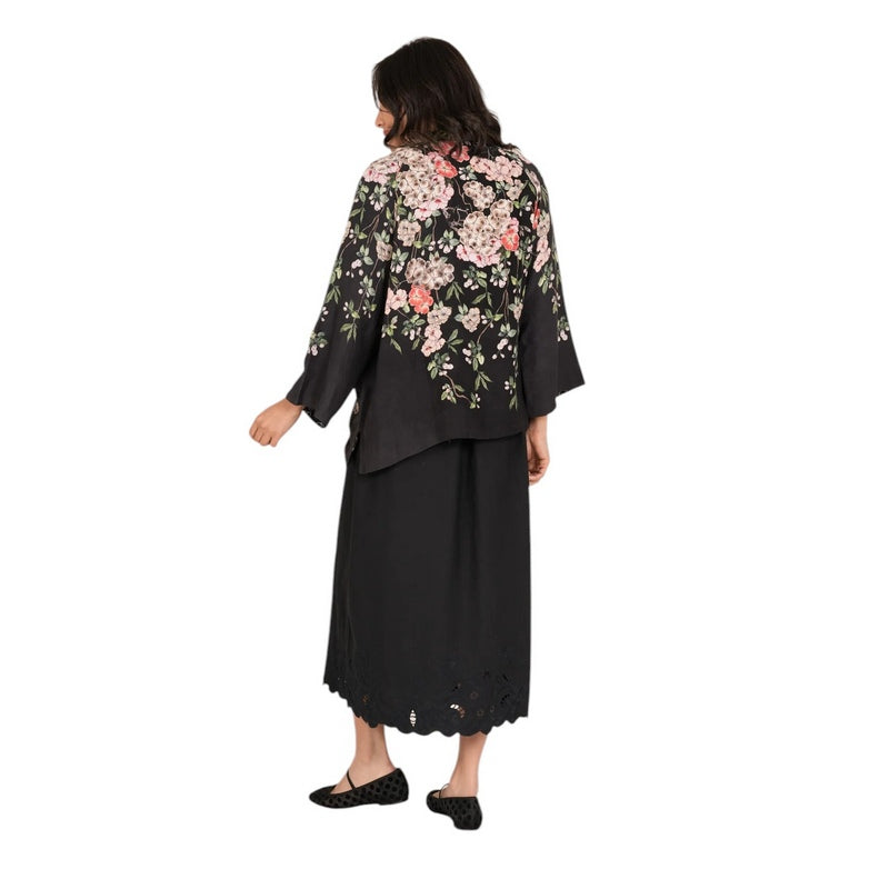 One Hundred Stars Linen Jacket Trailing Blossom Black LINTRABLK model back 2