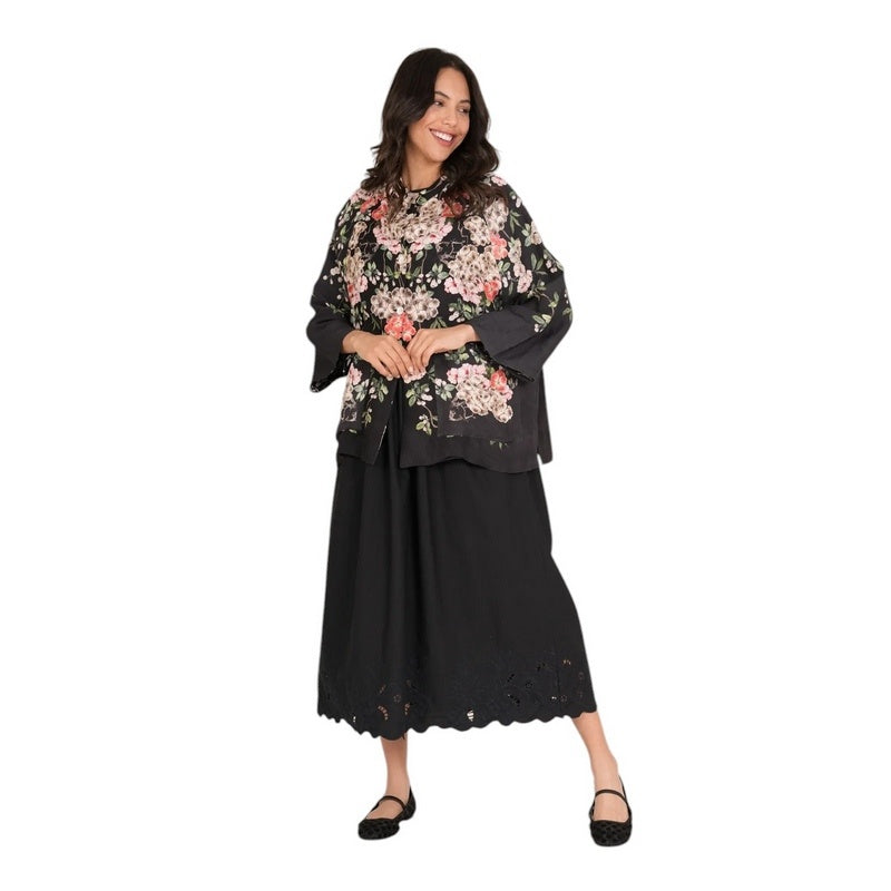 One Hundred Stars Linen Jacket Trailing Blossom Black LINTRABLK model front 2
