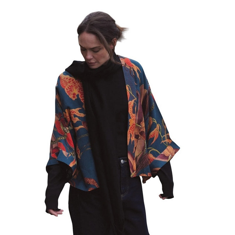 One Hundred Stars Orchid Wool Kimono Teal on model front