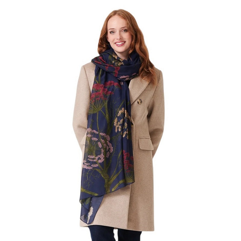 One Hundred Stars Parsley Seed Scarf Navy on model close-up