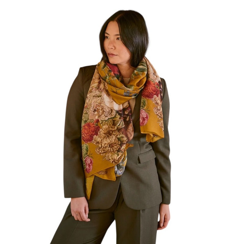 One Hundred Stars Primula Scarf Gold on model close-up