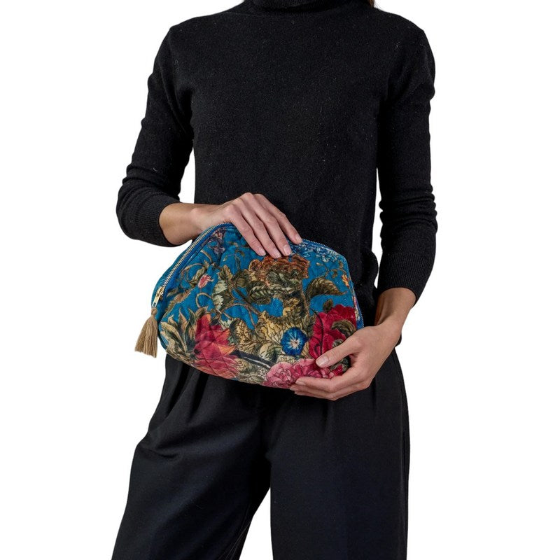 One Hundred Stars Primula Teal Velvet Pouch with model