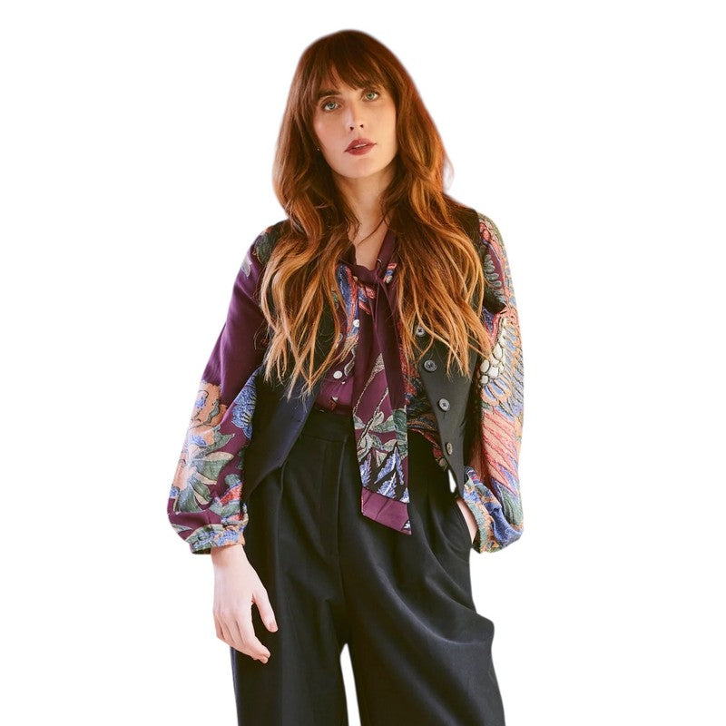 One Hundred Stars Pussy Bow Blouse Crane Plum on model with black waistcoat