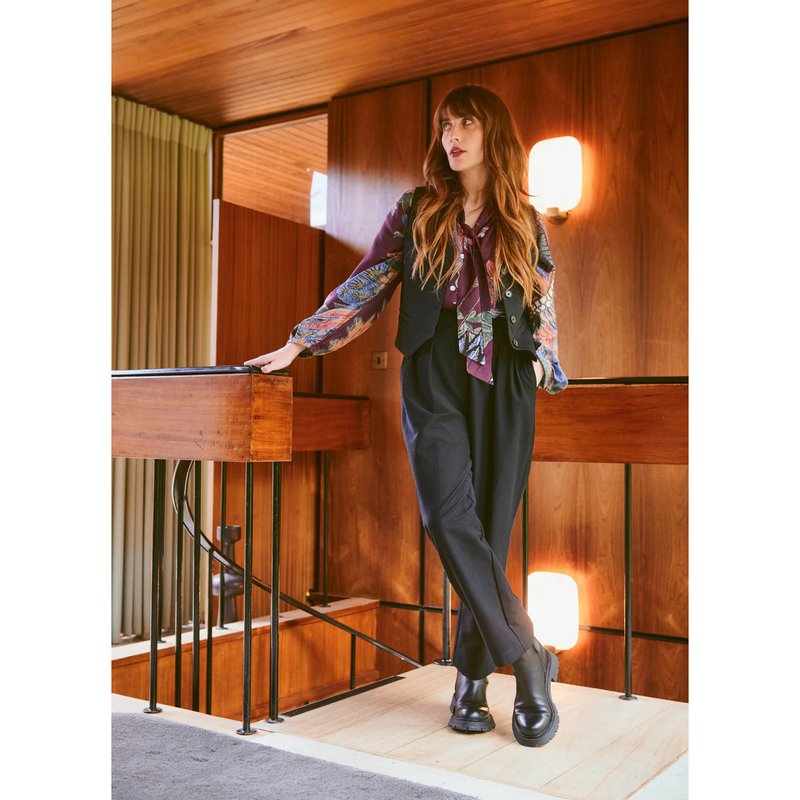 One Hundred Stars Pussy Bow Blouse Crane Plum on model with waistcoat