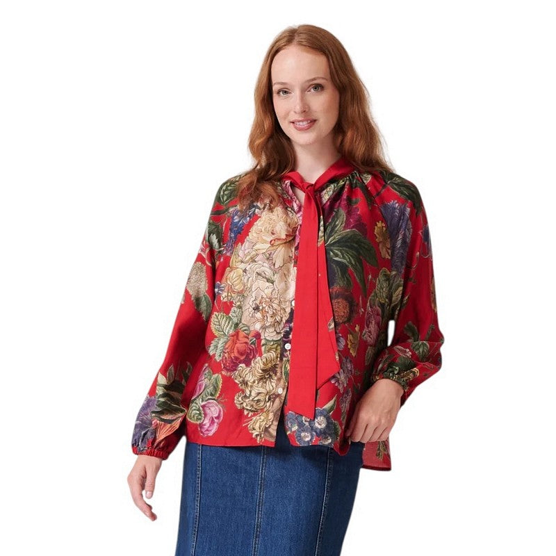 One Hundred Stars Pussy Bow Blouse Primula Berry on model close-up front