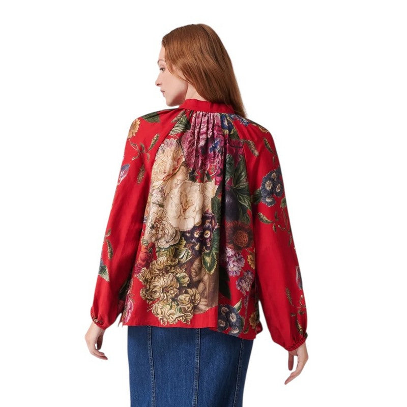 One Hundred Stars Pussy Bow Blouse Primula Berry on model close-up rear