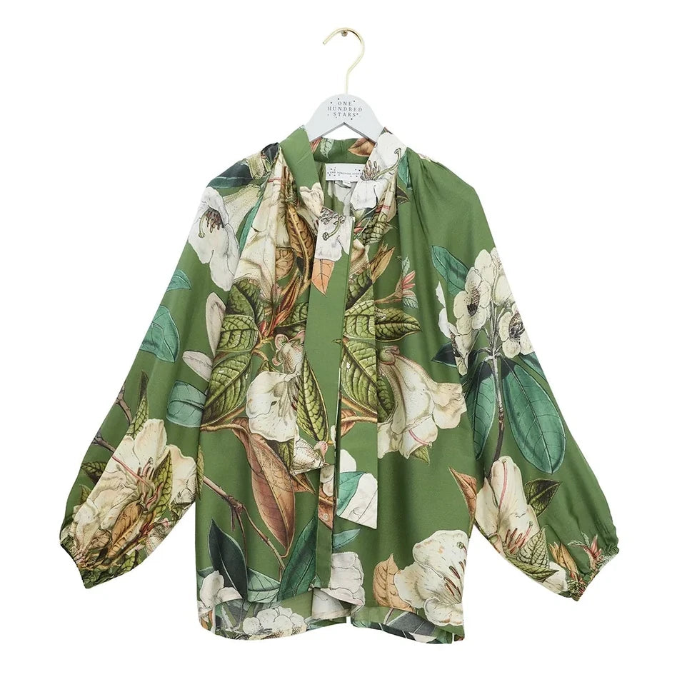 One Hundred Stars Pussy Bow Blouse Rhodoleia Green on hanger