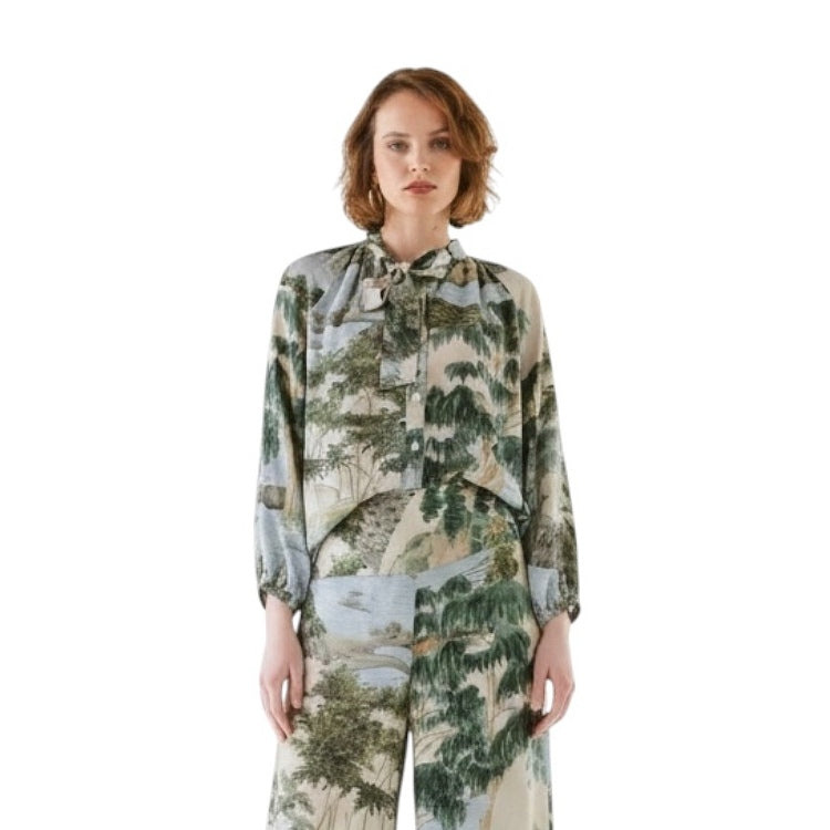 One Hundred Stars Pussy Bow Blouse Rivers and Trees Natural on model front