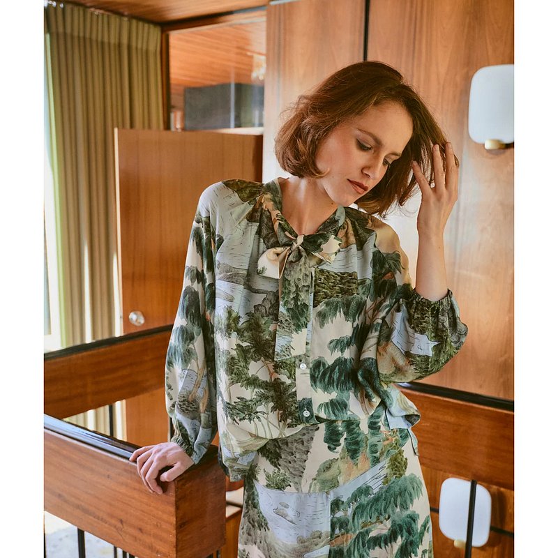 One Hundred Stars Pussy Bow Blouse Rivers and Trees Natural on model lifestyle 1