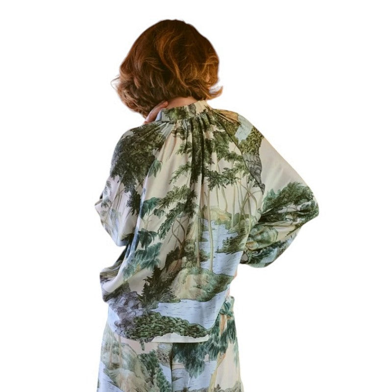 One Hundred Stars Pussy Bow Blouse Rivers and Trees Natural on model rear