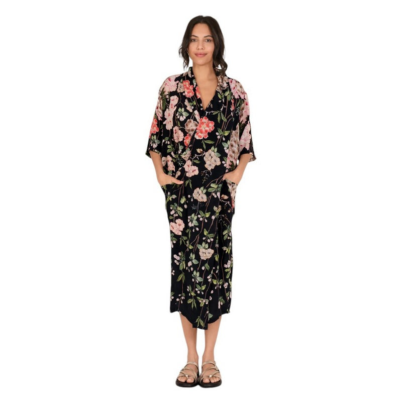 One Hundred Stars Rachel Crepe Dress Trailing Blossom Black DRBTRABLK model front 2