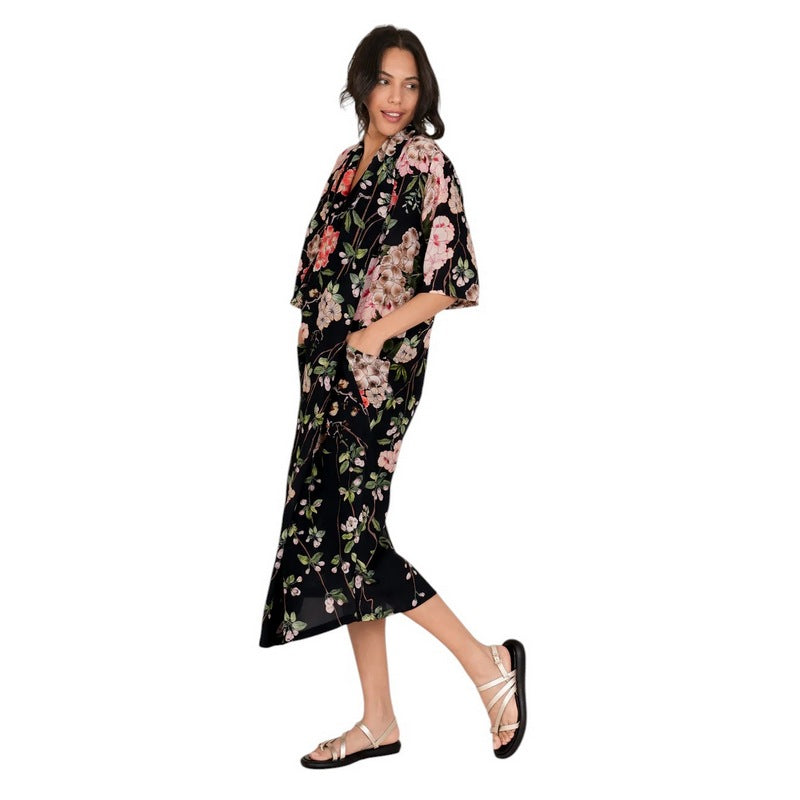 One Hundred Stars Rachel Crepe Dress Trailing Blossom Black DRBTRABLK model side 1