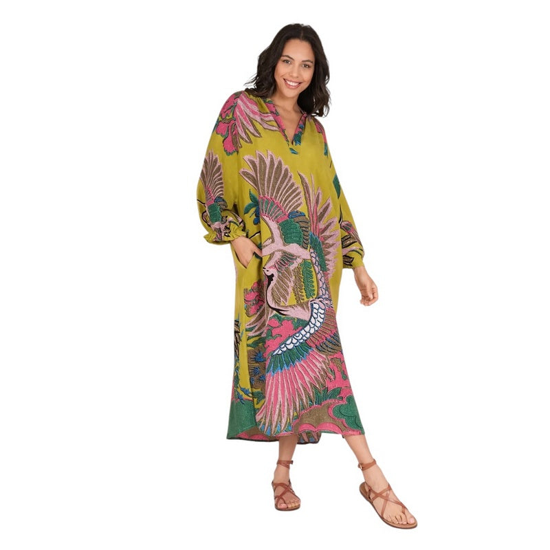 One Hundred Stars Raglan Dress Crane Olive on model side 1