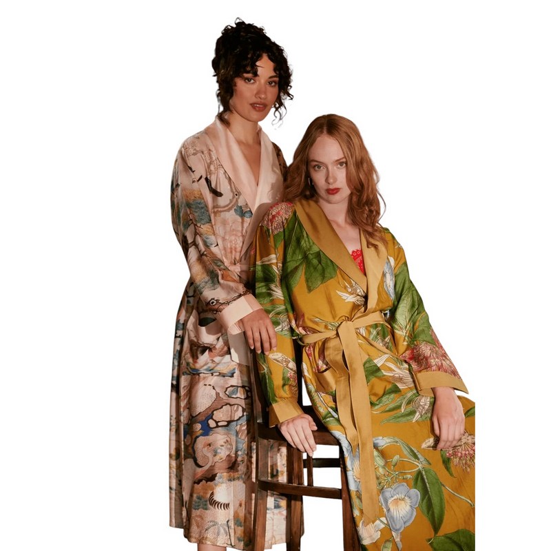 One Hundred Stars Rhodoleia Dressing Gown Gold GWNRHOGLD on model lifestyle