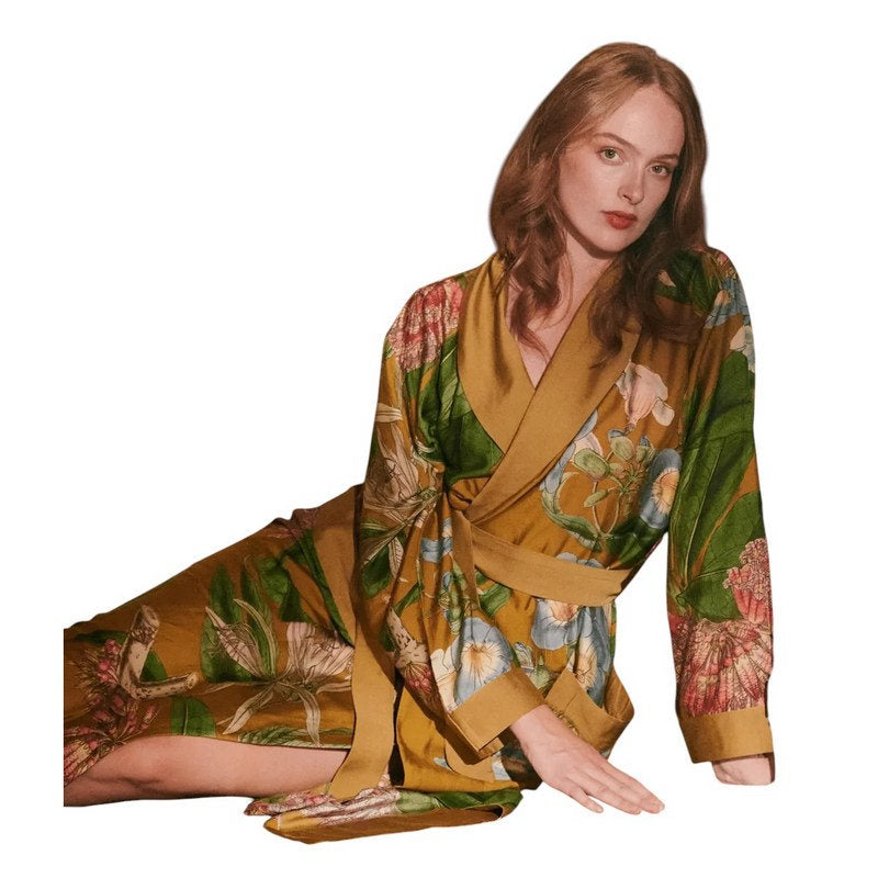 One Hundred Stars Rhodoleia Dressing Gown Gold GWNRHOGLD on model main