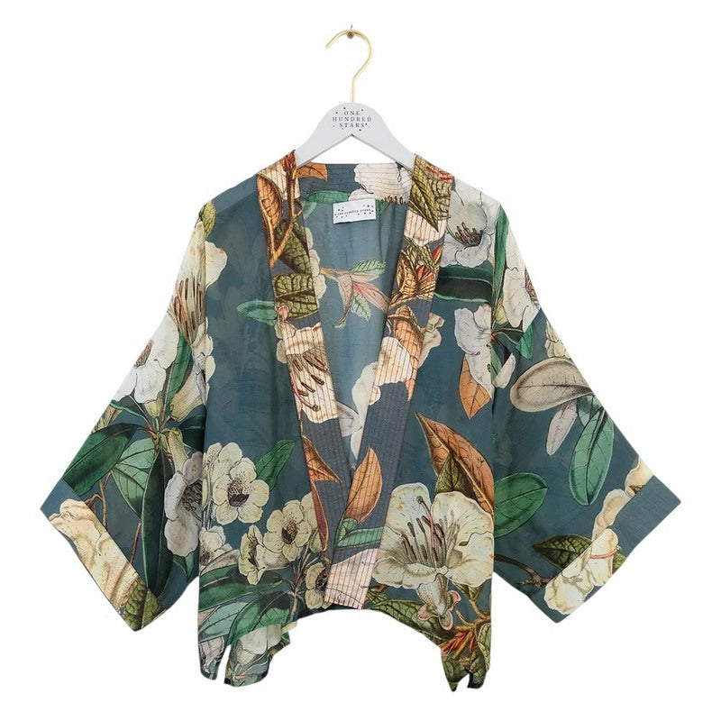 One Hundred Stars Rhodoleia Kimono Blue on hanger