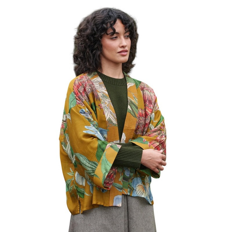 One Hundred Stars Rhodoleia Kimono Gold on model