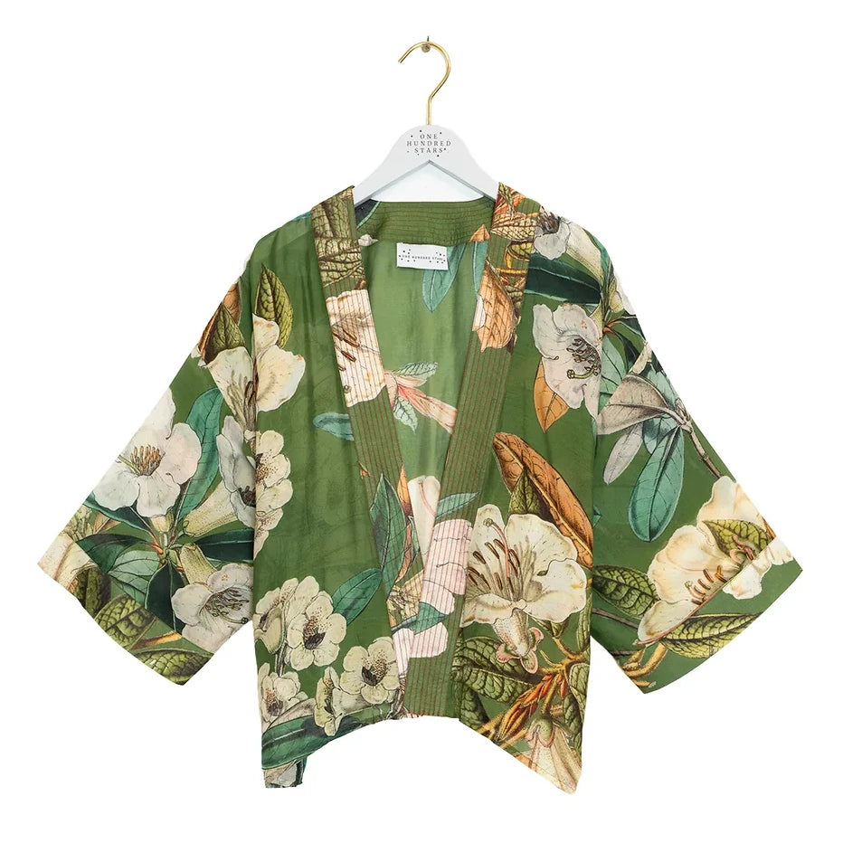 One Hundred Stars Rhodoleia Kimono Green on hanger