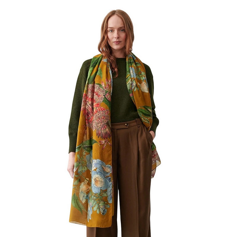 One Hundred Stars Rhodoleia Scarf Gold on model