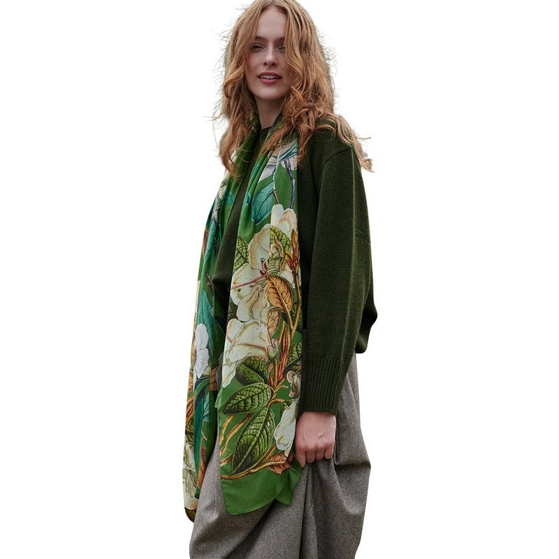 One Hundred Stars Rhodoleia Scarf Green on model