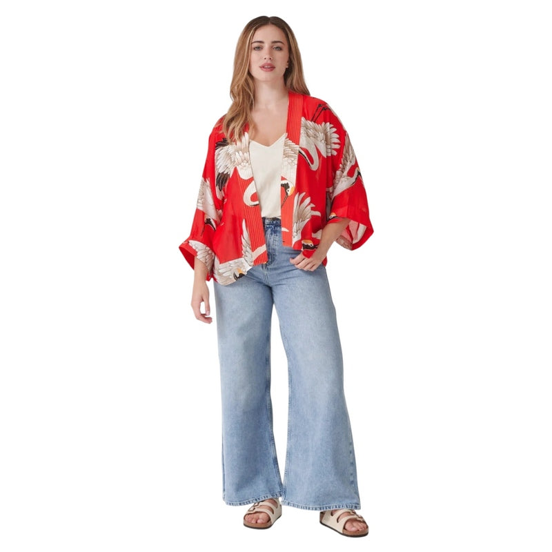 One Hundred Stars Stork Kimono Scarlet on model main