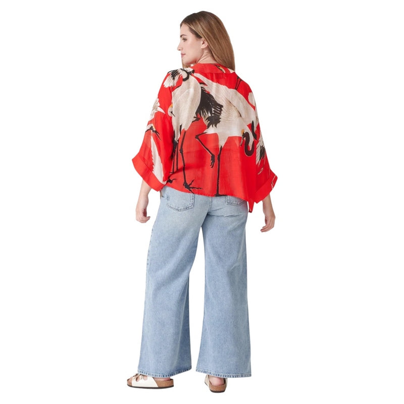 One Hundred Stars Stork Kimono Scarlet on model rear