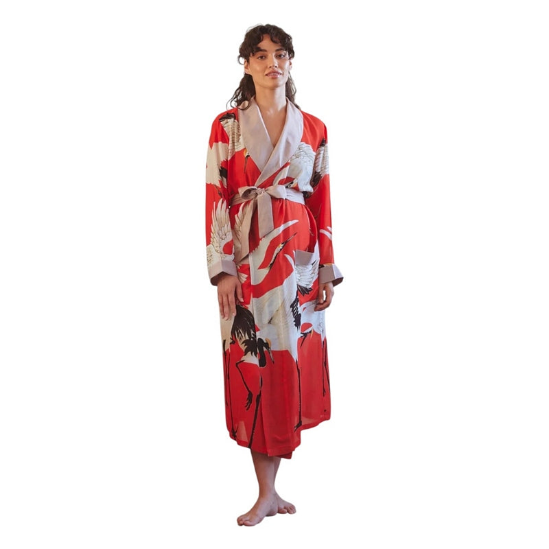 One Hundred Stars Stork Scarlet Dressing Gown on model 2 front