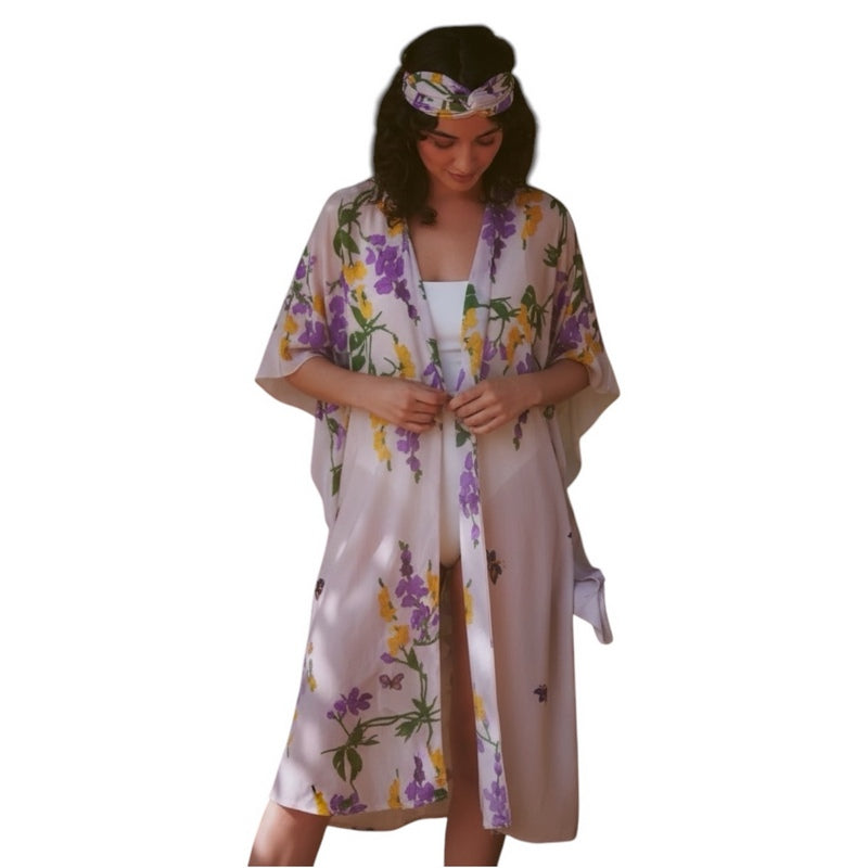 One Hundred Stars Throwover Wisteria Lilac on model front 1