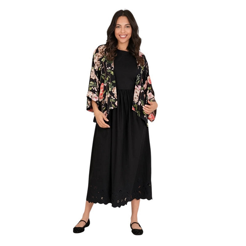 One Hundred Stars Trailing Blossom Black Crepe Kimono on model front 1