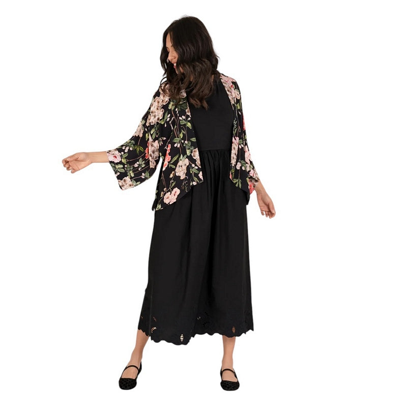 One Hundred Stars Trailing Blossom Black Crepe Kimono on model front 2