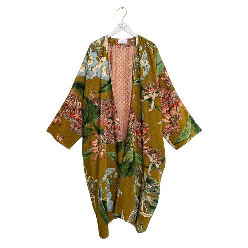 One Hundred Stars Velvet Grande Kimono Rhodoleia Gold on hanger