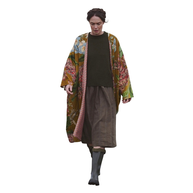 One Hundred Stars Velvet Grande Kimono Rhodoleia Gold on model front