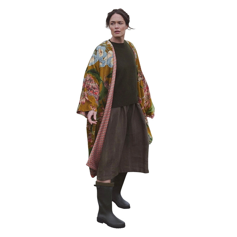 One Hundred Stars Velvet Grande Kimono Rhodoleia Gold on model main